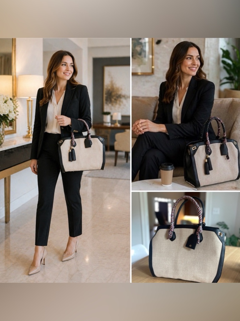 Antonio Melani Canvas & Leather Structured Satchel Tote – Neutral Black/Cream
